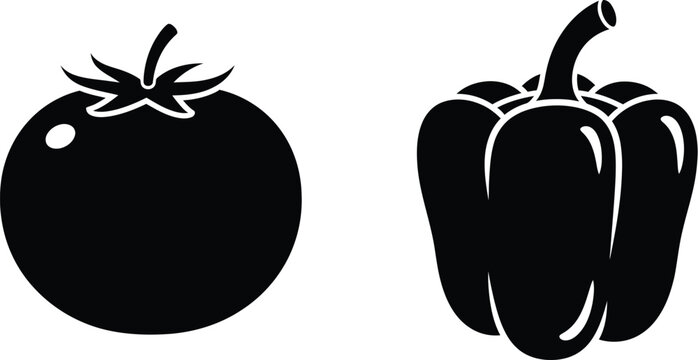 Black silhouette icons of tomato and bell pepper on transparent background
