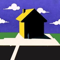 Private house on a green lawn in a minimalist style. Generative AI