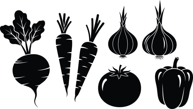 Black vegetable silhouettes including beet carrot onion tomato and pepper on transparent background
