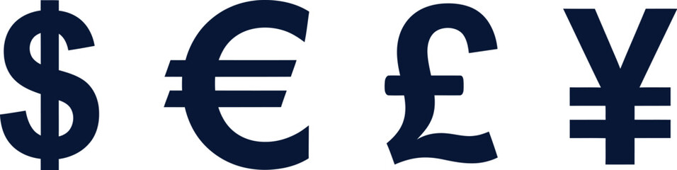 Fototapeta premium Currency symbols of dollar euro pound and yen black silhouette on transparent background