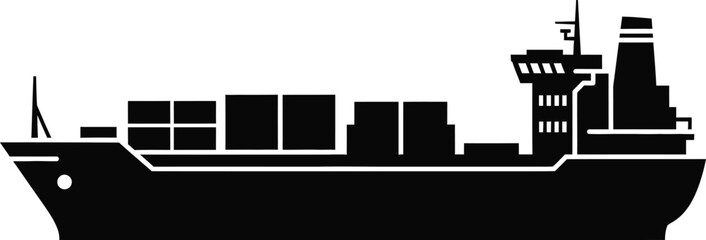 Detailed cargo ship illustration in black perfect for designs on transparent background silhouette © MALA