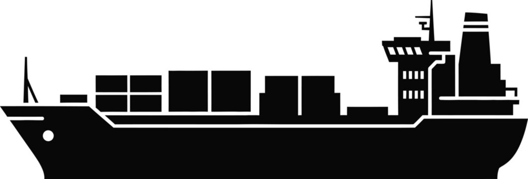 Detailed cargo ship illustration in black perfect for designs on transparent background silhouette