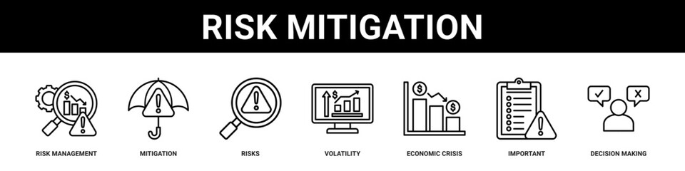 Risk Mitigation web banner icon set collection solid style.