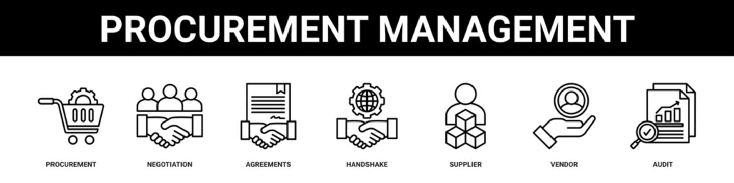 Procurement Management web banner icon set collection solid style.