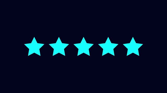 Five stars rating animation video. Special with rating star icon animation. Golden glowing five star flat symbol animation.video animation cyan five stars concept rating. 4k video
