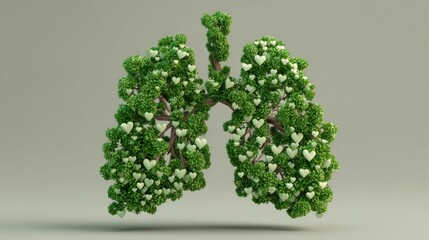 Lush leafy lungs with heart shaped leaves symbolizing health and care in nature