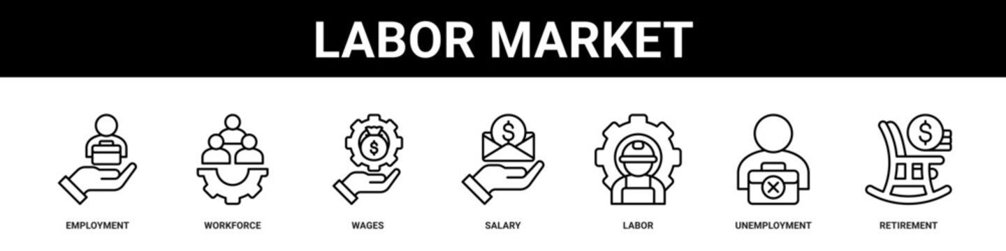 Labor Market web banner icon set collection solid style.