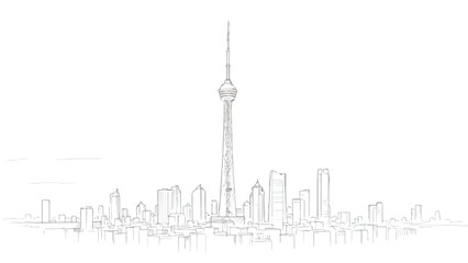 Obraz premium Distant city skyline with tall central tower
