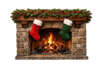 Obraz premium Christmas stockings hanging on a rustic stone fireplace with burning fire and festive holiday garland, transparent background