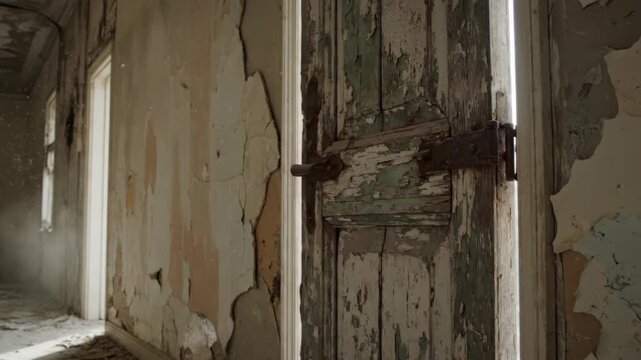 Open door closing in abandoned hallway. An open door in an abandoned hallway slowly creaking shut, peeling paint and dust visible in the dim light.