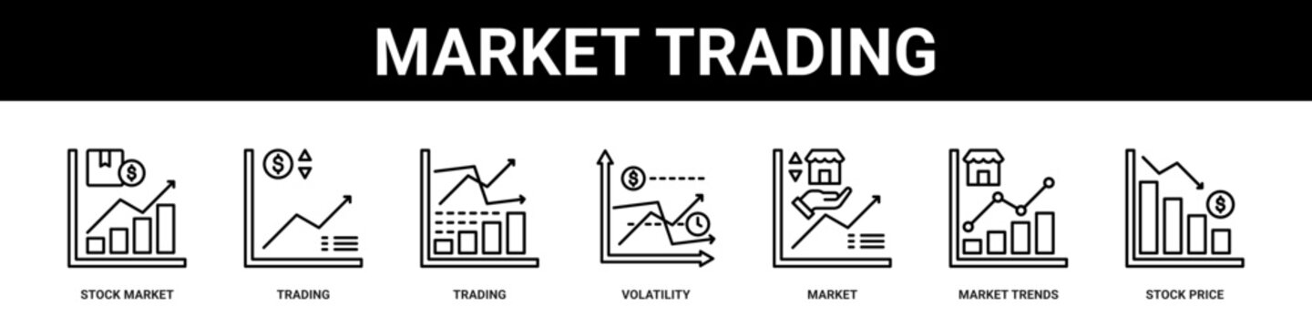 Market Trading web banner icon set collection solid style.