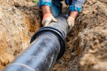 Worker installing a large black plastic underground pipe for infrastructure or water supply in a deep trench surrounded by soil and dirt on a construction site