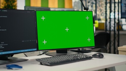 Chroma key PC in Silicon Valley company office used to automate repetitive tasks. Isolated screen computer on AI startup workplace desk used by engineers to design machine learning models, close up