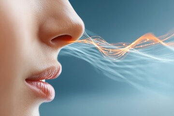 Abstract visualization of smell perception around human nose symbolizing sensory processing neuroscience awareness and invisible information flow, Generative AI