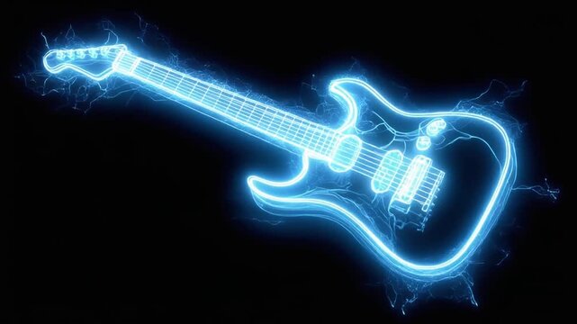 Glowing neon electric guitar in a dark background, with stylized lightning accents