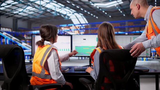 Warehouse Managers Uses Desktop Computer To Manage Inventory