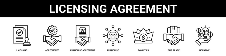 Licensing Agreement web banner icon set collection solid style.
