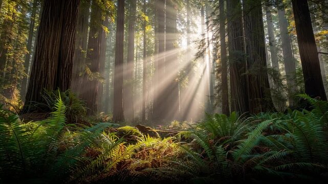 Sunbeams shining through giant redwood trees in a lush green forest