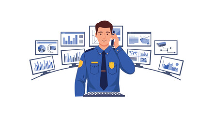 A security officer standing in front of multiple computer screens showing data and world maps.