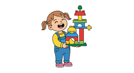 A happy young girl holding a tall tower made of colorful building blocks.