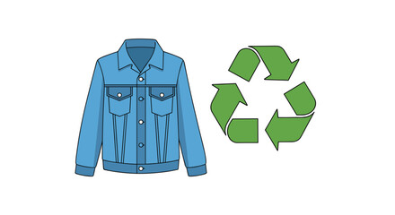 A blue denim jacket next to a green recycling symbol, suggesting sustainable fashion.