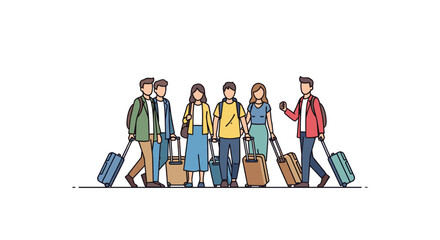 A group of diverse people with luggage standing together, ready for travel.