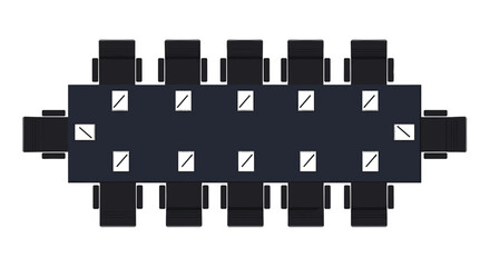 A top-down view of a large rectangular conference table surrounded by numerous chairs.
