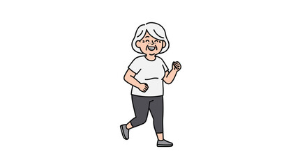 A smiling elderly woman with grey hair jogging outdoors.