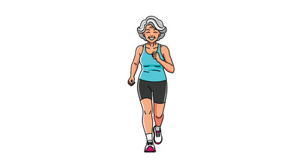 An energetic elderly woman with grey hair running in athletic wear.