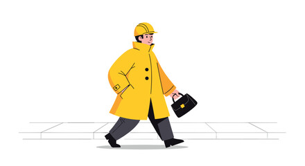 A person in a yellow raincoat and hard hat carrying a briefcase, walking across a street.