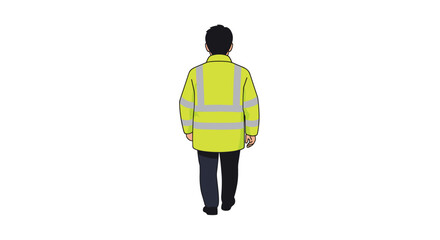 A man wearing a high-visibility yellow jacket, walking away from the viewer.