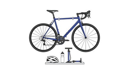 A blue road bicycle with accessories like a helmet, water bottle, and pump.