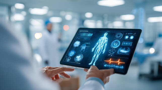 Medical professional uses advanced digital tablet with futuristic human body scan and vital statistics to analyze health data in modern clinical environment - Powered by Adobe