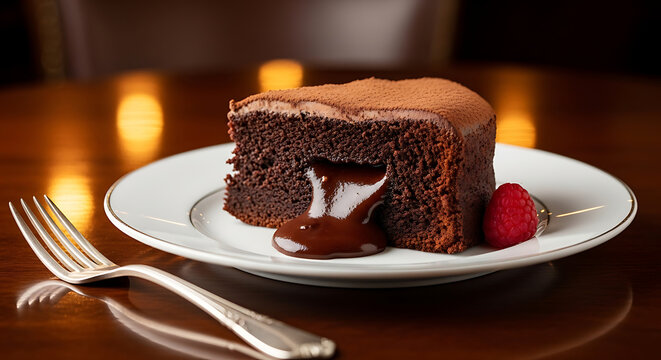 A slice of chocolate cake with a raspberry on a white plate
