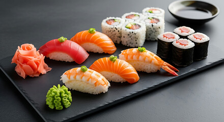 A beautifully arranged sushi platter with various types of sushi and condiments