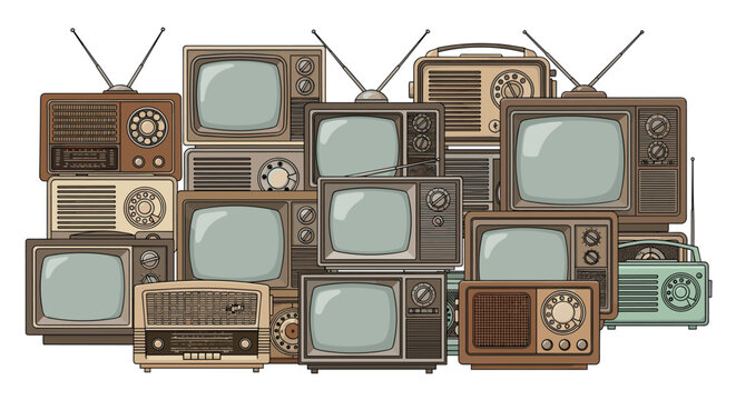 A dense arrangement of vintage televisions and radios, showcasing a collection of retro electronic media devices.