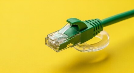 Close-up of a green ethernet cable with an RJ45 connector on a vibrant yellow background, symbolizing modern data connectivity