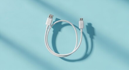 White universal serial bus (USB) cable for charging and data transfer on a vibrant light blue background with sunlit shadows, top-down view.