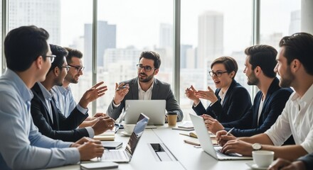 Diverse Group of Business Professionals Collaborating in a Modern Office Conference Room Discussion