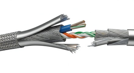Detailed illustration of a shielded network cable's internal structure with visible twisted pairs and protective layers on white.