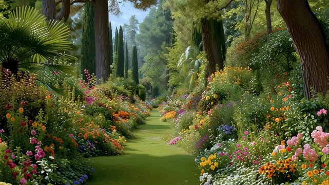 Beautiful flower garden landscape with green grass path and colorful summer blooms