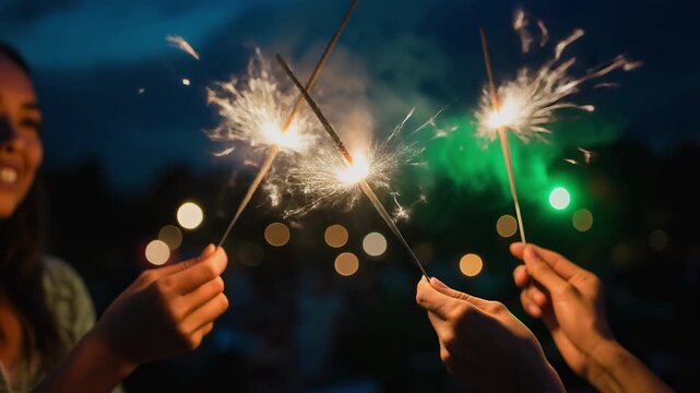 Close up hands holding burning sparklers at night celebration with bokeh lights and friends partying