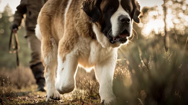 Large Saint Bernard Dog Walking with Owner in Nature