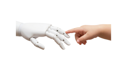 Child hand touching white plastic robot hand conceptual image