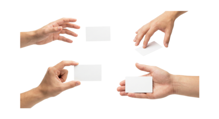 Hand reaching for blank white business card on white background