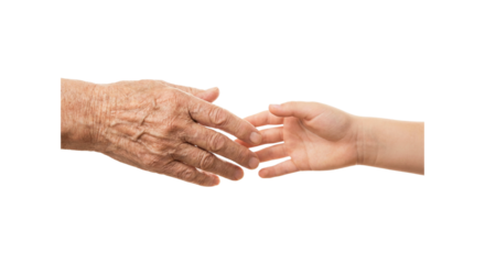 Hands reaching together between young person and senior adult