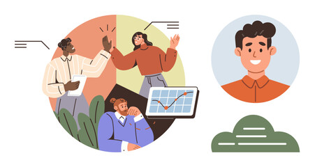 Teamwork, workplace collaboration, business success, professional relationships, data analysis, career growth. Group discussing data, celebrating success. Teamwork and collaboration concepts