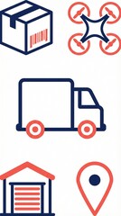 Set of Minimalist Flat Logistics and Delivery Icons: Truck, Drone, Warehouse, and GPS