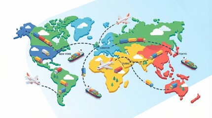 Colorful Isometric Global Transportation Map with Cute Delivery Vehicles and Routes