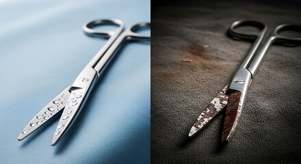Obraz premium Surgical Scissors - Clean vs. Bloody - A Medical Contrast.